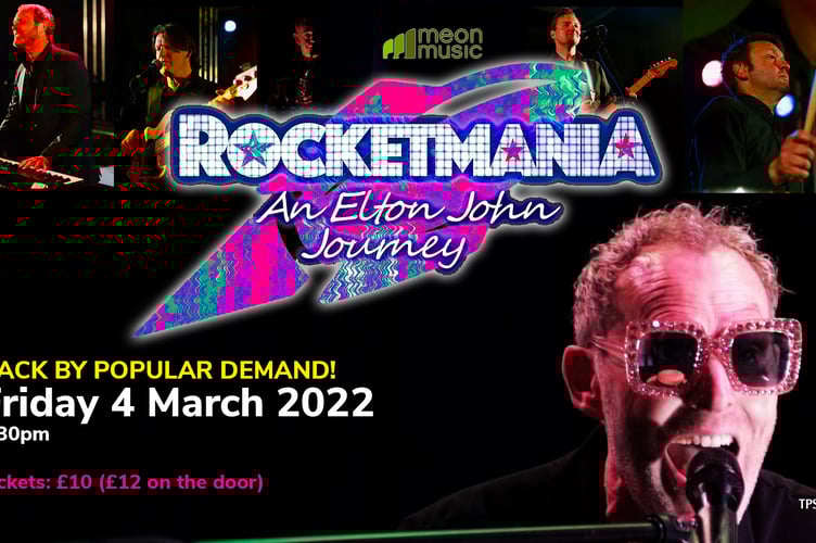 Poster for Elton John tribute concert Rocketmania at The Petersfield School Studio on March 4, 2022.