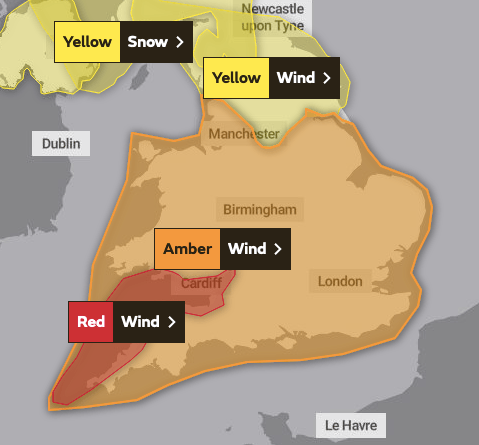Storm Eunice has prompted a rare red weather warning to be issued for parts of Wales