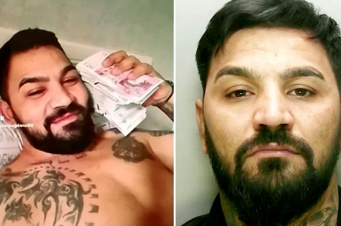 COMPOSITE PICTURE - Bogdan Florea (R) - Police found pictures on Florea's phone of him posing with large amounts of cash (L).  A burglar who targeted chemists for perfumes has been jailed for four and a half years.  See SWNS story SWNNperfume.  Bogdan Florea, 33, from Farnborough, Hampshire, committed a string of offences between July and September 2021.  He was caught after his car was spotted near a break-in in Reading, Berkshire.  On Monday at Guildford Crown Court, he was sentenced to 54 months jail after pleading guilty to burglary and possession of false ID.  Two cars belonging to him were also ordered to be seized and destroyed. 