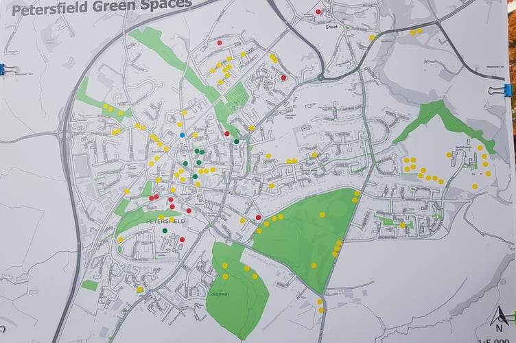 Yellow dots represent where Petersfield residents believe more trees could be planted, red dots where residents have pledged to plant trees