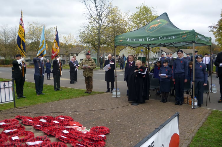 The Revd Wendy Mallas leads the Remembrance Service in Whitehill & Bordon, November 11th 2022.