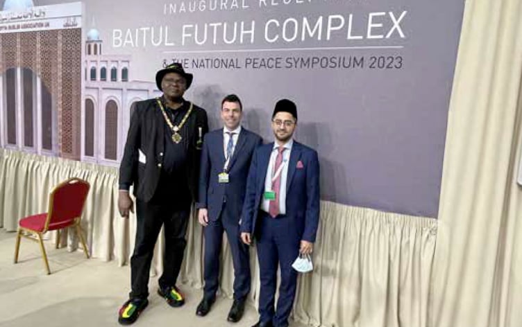 The mayor of Whitehill Leeroy Scott, town council leader Andy Tree and new councillor Adeel Shah.