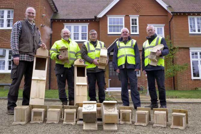 Jason Wilson, chair of trustees, Gavin Dickie, volunteer lead and groundsman, and Jeff Green, Tom Collard and Neil White of Liss Men’s Shed, March 2023.