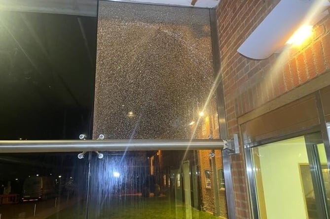Damage to Farnham Maltings atrium after a second suspected catapult attack in seven months