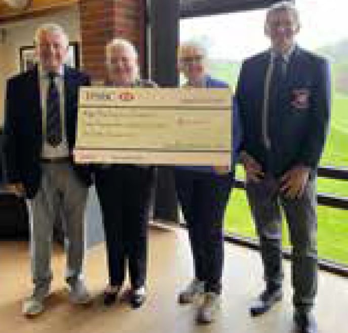 Petersfield Golf Club presentation to The Rosemary Foundation, May 2023. Senior club captain Richard Hine, Wendy Smith, lady captain Jane Terry and club captain Chris Castle.