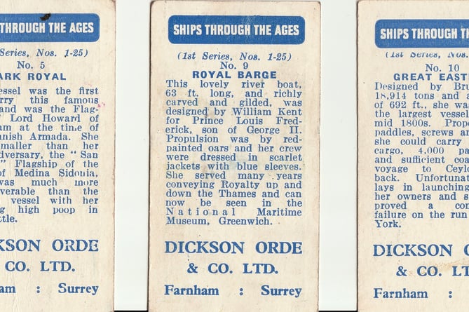 The rear of three 'Ships Through The Ages' cards included in packs of Dickson Orde & Co's sweet cigarettes, made in Farnham