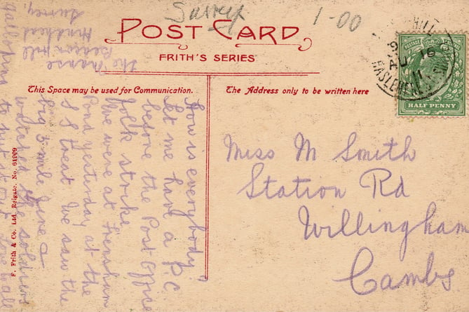 The rear of a 1911 postcard of Frensham Pond – with the timeless advice to reply 'before the post office folk strike'!