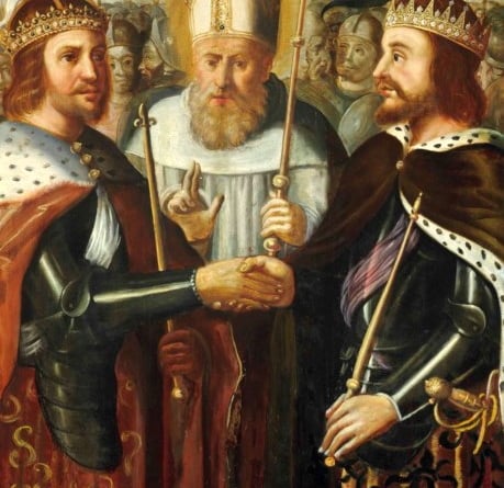 A depiction of the Treaty of Picquigny, an alliance between King Edward IV of England and the King of France