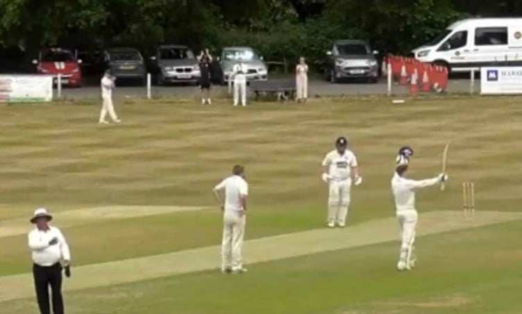 Farnham’s Nathan Thorpe celebrates his century against Bank of England, June 17th 2023.