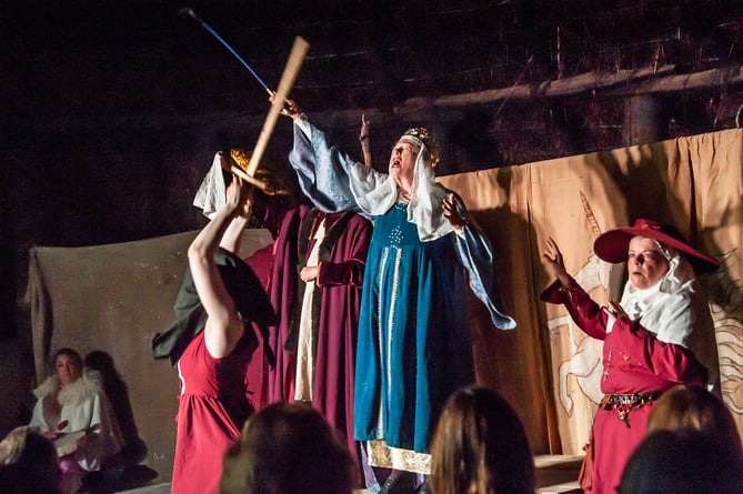 Beryl Savill as Queen Guinevere, The Canterbury Tales, Butser Ancient Farm roundhouse, June 17th 2023.