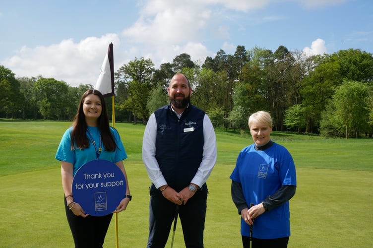 Publicity shot for St Michael's Hospice, Basingstoke, charity golf day at Sherfield Oaks Golf Club, July 2023.
