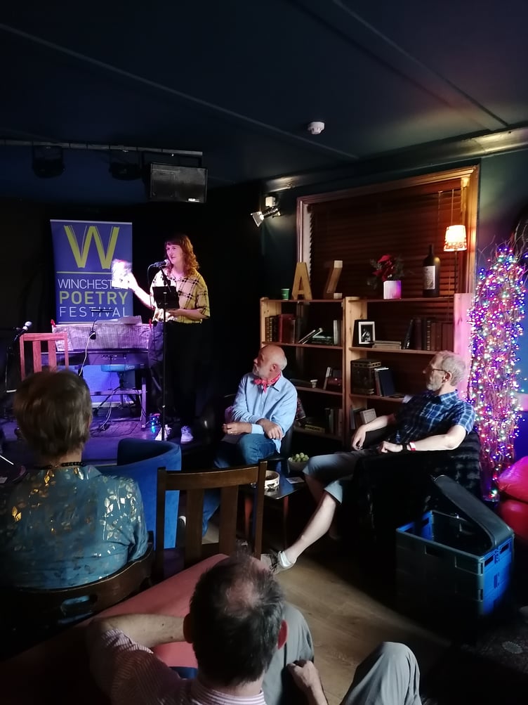 Clare Pollard speaks at the launch of the Winchester Poetry Festival, July 2023.