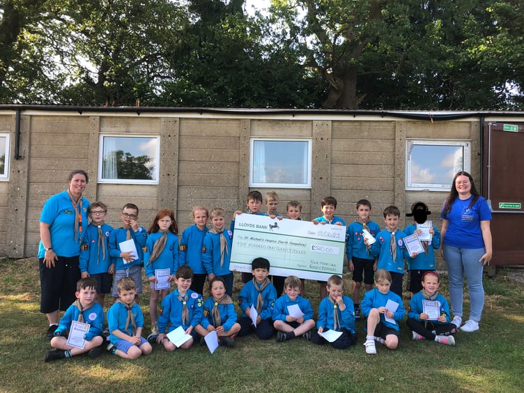 Lynn Vine, left, Louise Gough and the Four Marks and Ropley Willows Beavers, Four Marks Recreation Ground, July 2023.