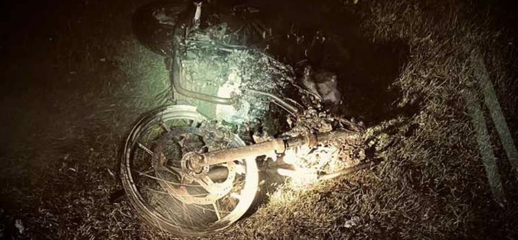 Burnt out motorbike, Jubilee Park, Bordon, July 11th 2023.