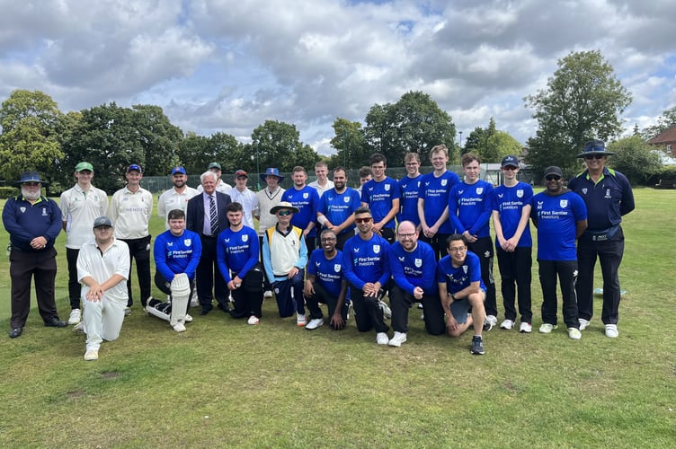 Rowledge Cricket Club president David Metcalfe with the Surrey and Hampshire teams