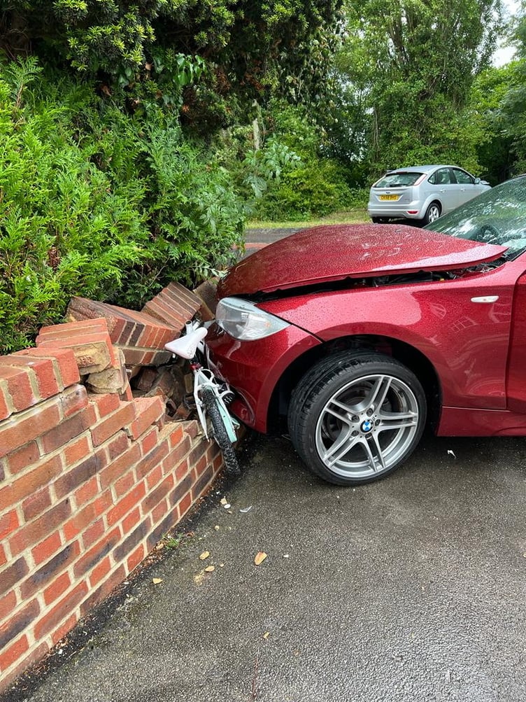 A six year old girl suffered a serious leg injury after a car pinned her bicycle against a brick wall at Bentley crossroads on Sunday