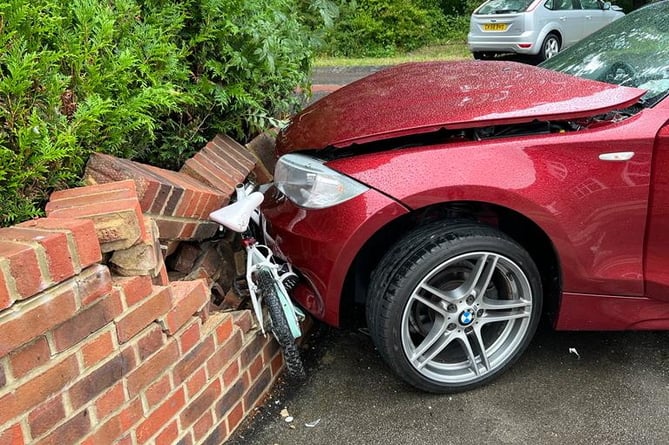 A six year old girl suffered a serious leg injury after a car pinned her bicycle against a brick wall at Bentley crossroads on Sunday