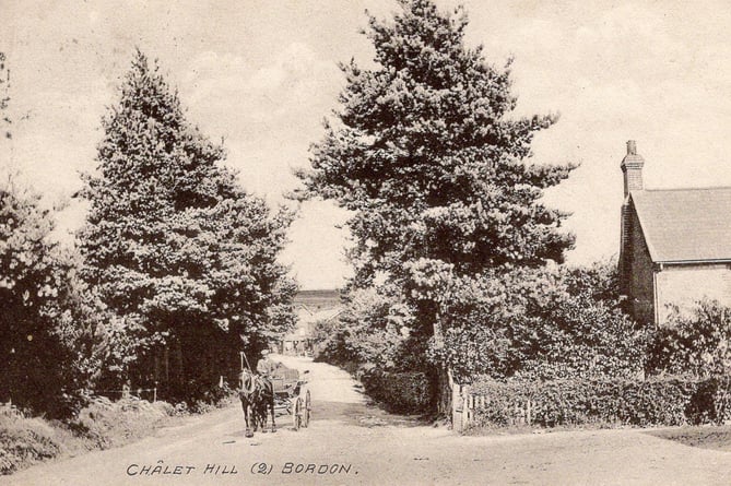 A postcard from 1910 shows the farmhouse that once housed the Bordon Mineral Water Company in Chalet Hill just beyond the entrance to what is now Tilbury Close