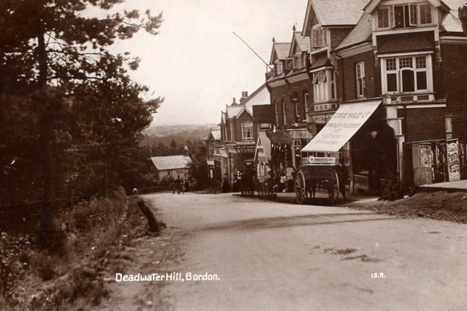 A 1905 view down Bordon's ‘Deadwater Hill’, now Chalet Hill, showing a farmhouse at the bottom where the Bordon Mineral Water Company (later Allen & Lloyd) was located