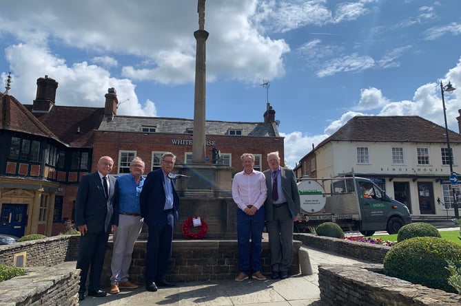 Pictured at the wreath laying ceremony in memory of Michael Barnes BEM are, from right to left, Mike O’Neil (retired town clerk), James Edwards (past town mayor and current Poppy Appeal organiser), Brian Farley and Peter Clement (both who shared the Lordship of Witley with Michael) and Brian Howard (past town mayor)