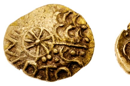 The cerca 50 BC gold coin found in a Hampshire field. .Photo released September 10 2023. See SWNS story SWMRcoin.The name of a new Iron Age English ruler or king has been discovered on a coin found in a Hampshire field.Dating from around 50 BC the gold coin is stamped with the name Esunertos, a previously unrecorded Iron Age ruler.The find has been described by experts as "one of the outstanding discoveries of recent decades".The coin, around the size of a fingernail, was dug up by a metal detector in a farmer's field in March this year.