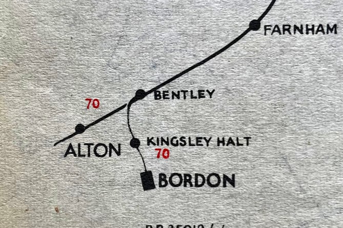 An early British Rail suburban map showing the Bordon terminus
