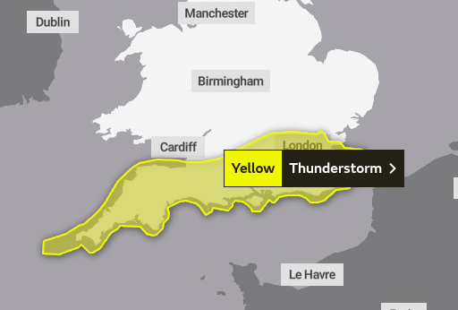 The Met Office has warned of a thunderstorm passing through Surrey and Hampshire on Tuesday morning