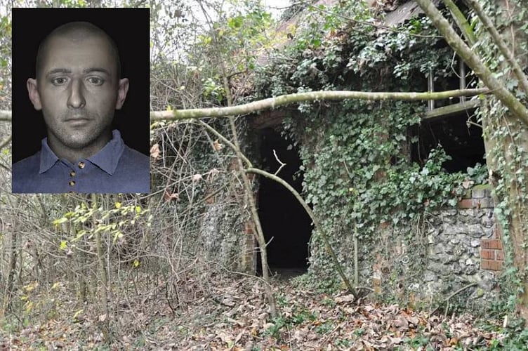 A facial reconstruction of the mystery traveller (inset) whose remains were found in this disused barn in Micheldever in 2017