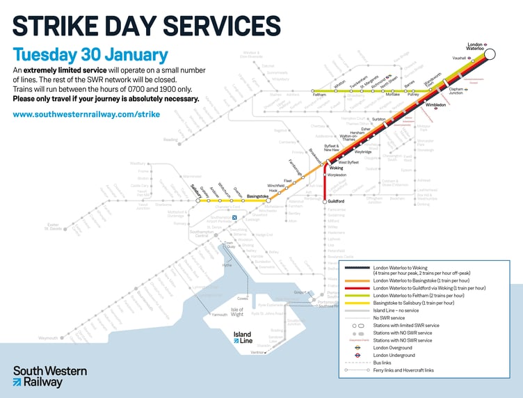 South Western Railway strike map for Tuesday, January 30