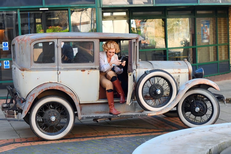 Catherine Tyldesley exiting Vintage car at New Victoria Theatre Woking