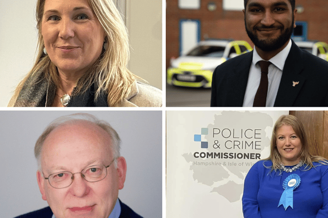 Hampshire's Police and Crime Commissioner candidates, clockwise from top left: Becky Williams (Labour and Co-operative Party), Prad Bains (Liberal Democrats), Donna Jones (Conservative Candidate), Don Jerrard (The Justice & Anti-Corruption Party)