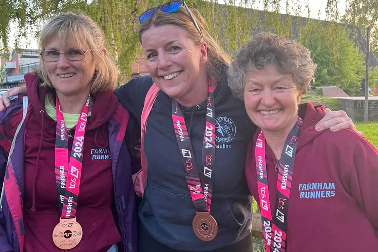 Julia Tagg, Pauline Hamilton and Linda Tyler with their London Marathon medals