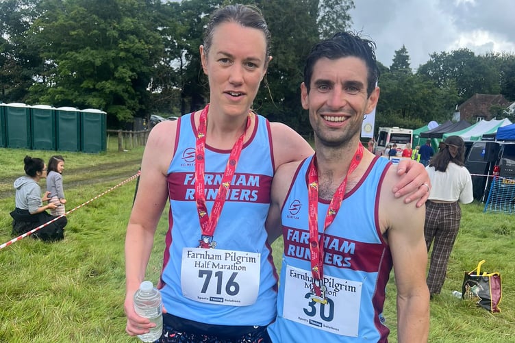 Farnham Pilgrim Marathon winner Joe Collins with Elizabeth Collins