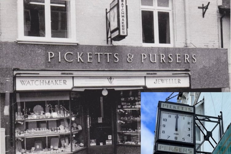 The clock at the original Picketts & Pursers location at number 30 on the High Street where it now sits once again