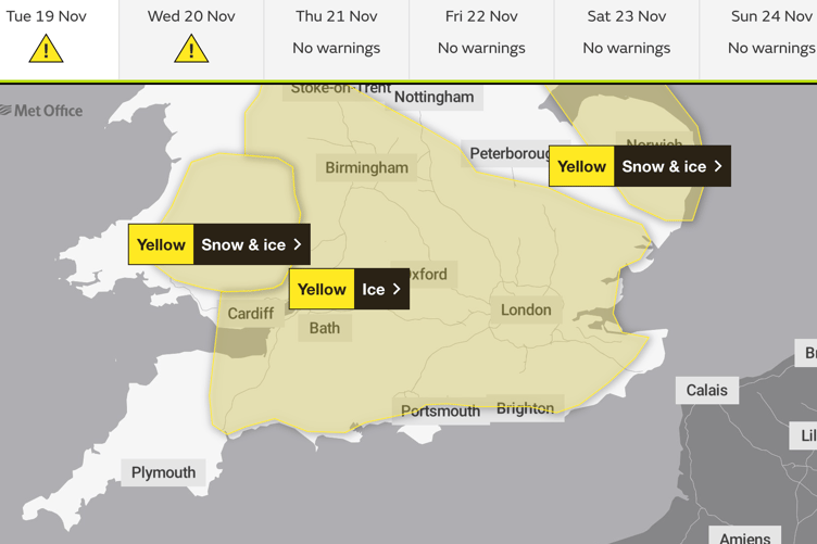 The Met Office has issued weather warning about ice for Hampshire and Surrey on Tuesday, November 19 2024