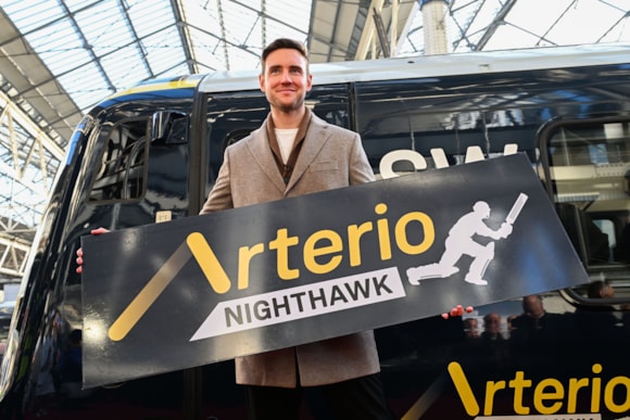 Stuart Broad unveils Arterio Nighthawk train at Waterloo station, November 28th 2024.