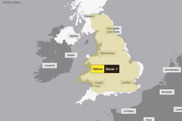 A 57-hour weather warning for snow has been issued by the Met Office