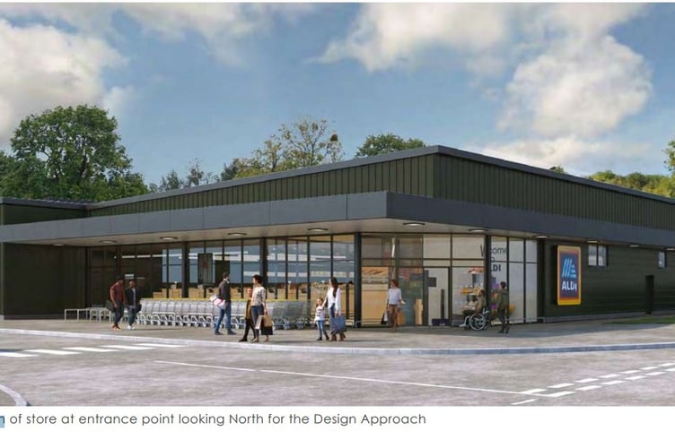 Aldi Horndean design 2025. Impression of the store at entrance point looking north for the design approach.