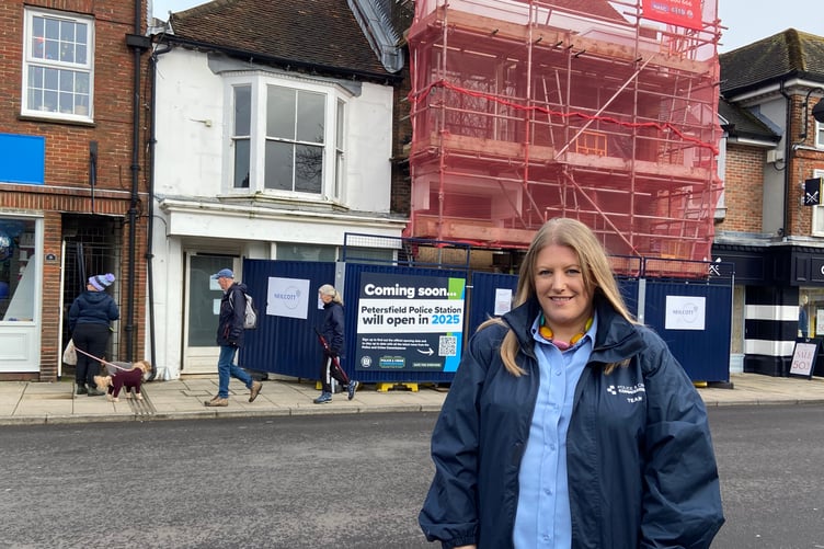 Hampshire PCC Donna Jones opposite the new Petersfield Police Station. Taken, Feb 25, 2025.