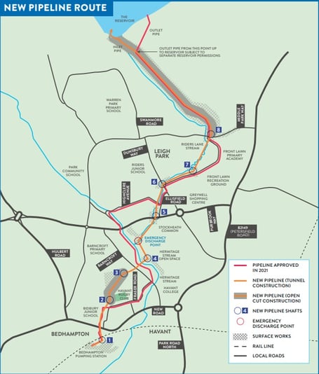 Route map - New twin pipeline route for taking spring water to and from Havant Thicket Reservoir and Bedhampton Springs
