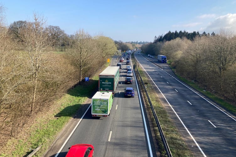 Northbound traffic jams on the A3 caused by the closure of the Hindhead Tunnel on March 26.