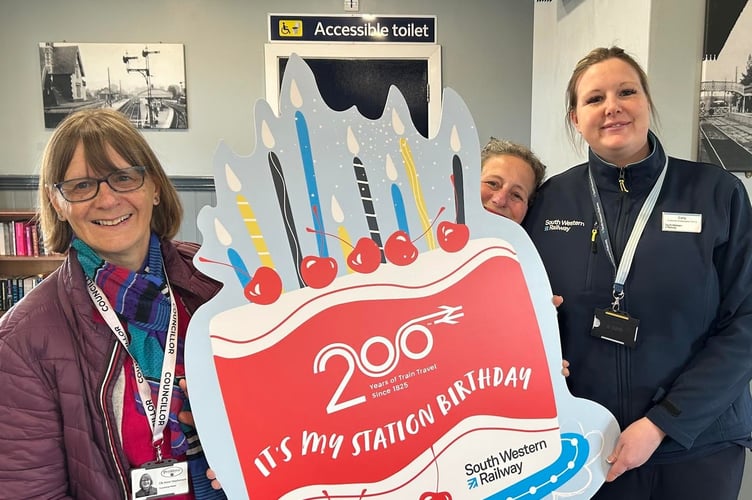 Cllr Anne Stephenson with representatives from South Western Railway and the Hampshire Community Rail Partnership. Petersfield station 166th bday celebrations announcement 2025.