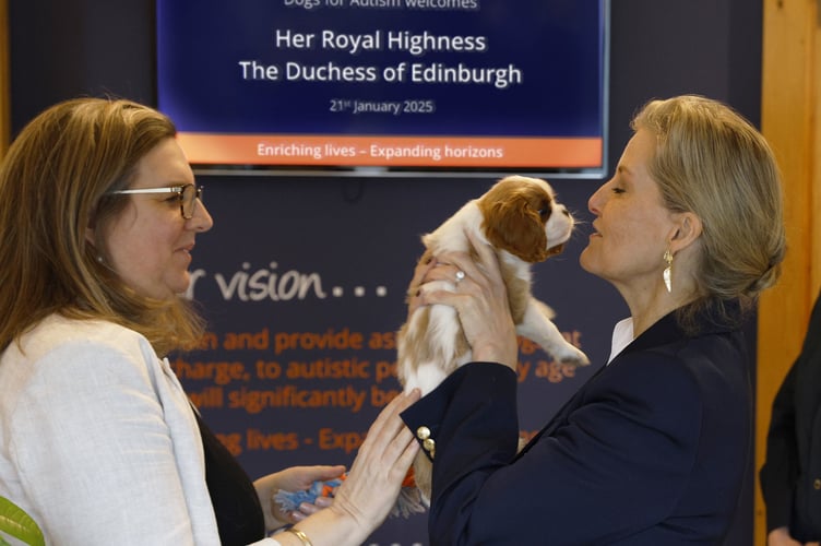 The Duchess of Edinburgh with Louis, a puppy in training at Dogs for Autism, Alton.