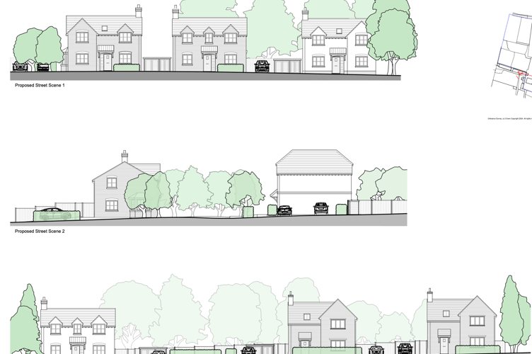 Proposed street scenes of the dwellings for Frogmore Lane, Horndean. April 2025.