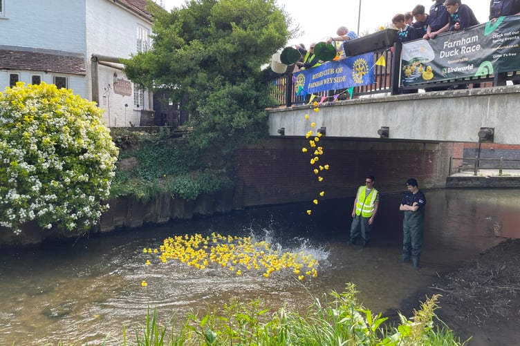 The Great Farnham Duck Race in Gostrey Meadow on May 3, 2025.