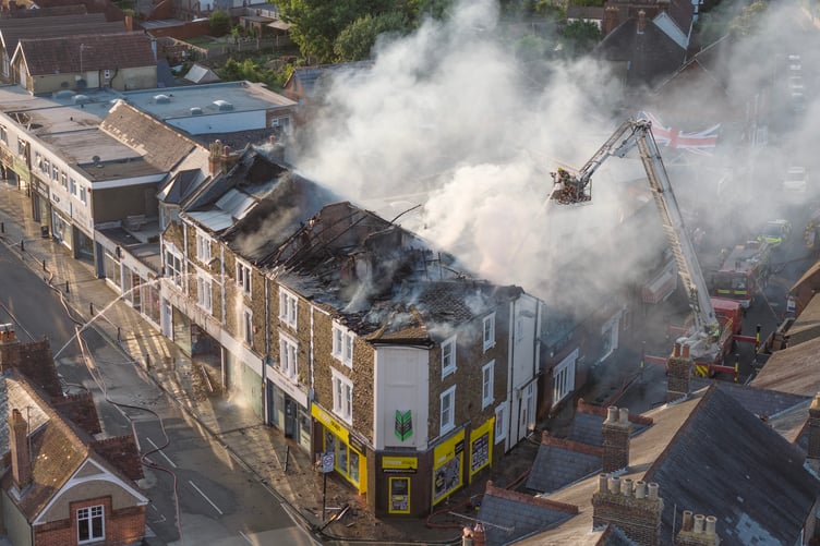 A drone photo of the fire in flats above shops in Lavant Street, Petersfield, courtesy of Big Ladder Photography.