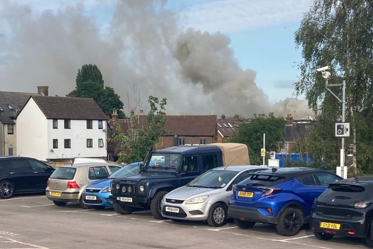The fire in Petersfield town centre, as seen from the train station on July 3, 2025.