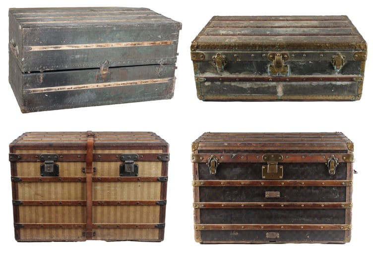 Louis Vuitton trunks sold in June and July, plus the Courier trunk set for autumn. Clockwise from top left: Wardrobe Steamer, £130,000; Explorer, £72,000; Travelling, £5,400; Courier (est. £6,000–8,000)