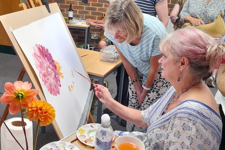Botanical artist Sheryl Pape gave Bramshott & Liphook Arts & Crafts Society members a demonstration entitled Dancing Dahlias in Watercolour, The Canada Room, Millennium Centre, Ontario Way, Liphook, August 14th 2025.