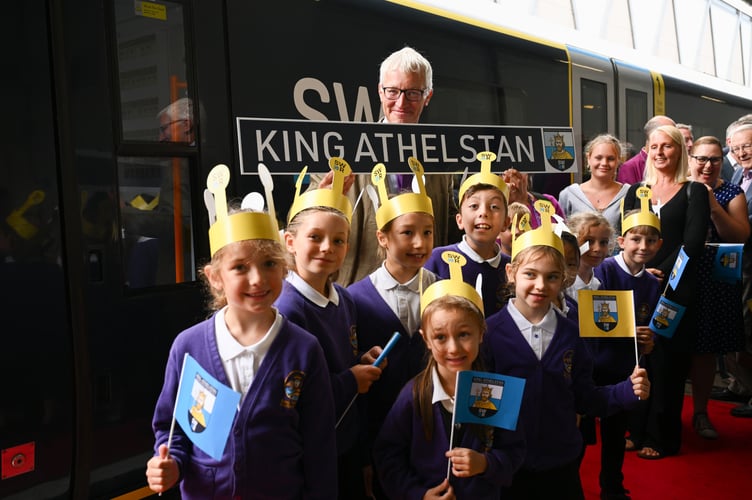 Tom Holland with King Athelstan Primary School children and the King Athelstan train.